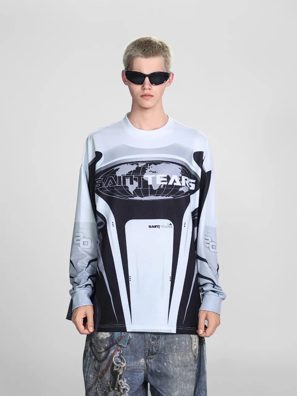 Saint michael tears all-over printed long-sleeved vintage autumn and winter T-shirt Style number: 113 Size: M L XL Wholesale price: 136 Color: white gray blue